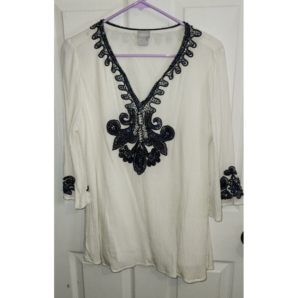 Chicos Alabaster Blue Beaded Embroidered Gauze Tunic Shirt Top Sz 1P US 8/10